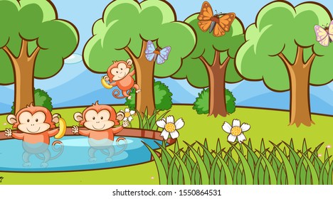 Escena con monos en la ilustración forestal