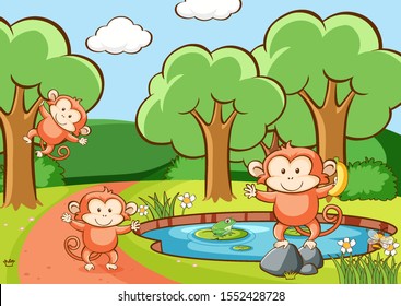 Escena con monos en ilustración forestal