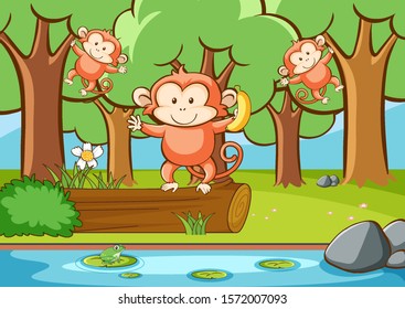 Scene with monkeys in the forest illustration