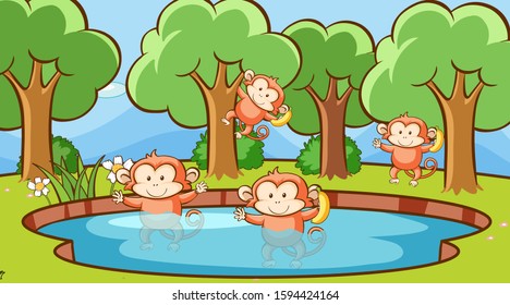 Scene with monkeys in the forest illustration