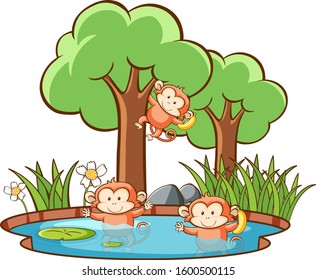 Escena con monos en ilustración forestal