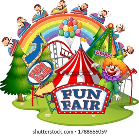 Scene with monkeys at fun fair on white background illustration