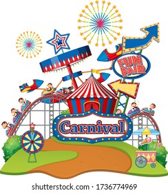 Scene with monkeys having fun at the fair on white background illustration