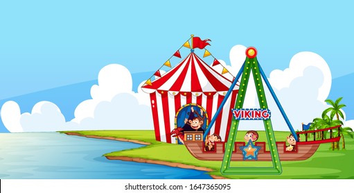 Scene with monkeys on circus ride in the park illustration