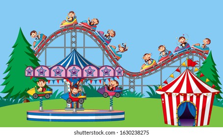 Scene with monkeys on circus rides in the park illustration