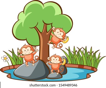 Scene with monkeys in the pond illustration