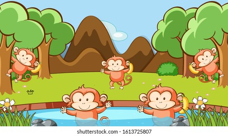 Scene with monkeys in the pond illustration