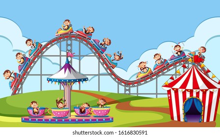 Scene with monkeys riding on circus rides in the park illustration