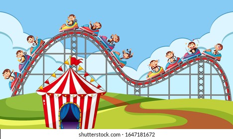 Scene with monkeys riding on roller coaster in the park illustration