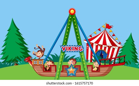 Scene with monkeys riding viking in the park illustration