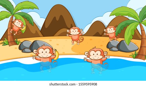 Scene with monkeys in the sea illustration