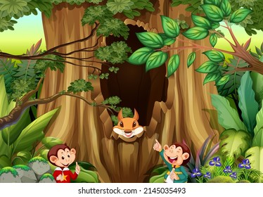Scene with monkeys and squirrel in forest illustration