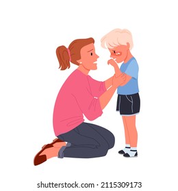 Scene of mother calming down her little upset crying boy. Mommy care and support sad child, kid comforting and help, showing parent cuddling empathy cartoon vector illustration