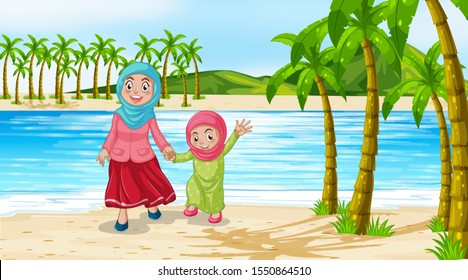 Scene with mother and daughter on the beach illustration