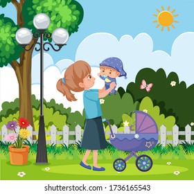 Scene with mother and little baby in the park illustration