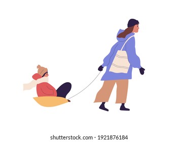 Scene with mother pulling sled with kid on winter holidays. Side view of woman walking with child in sleigh in December. Colored flat vector illustration of outdoor activity in wintertime