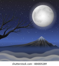 Szene mit Berg auf Vollmond-Nachtgrafik