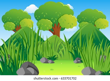 Scene with mountains and field illustration