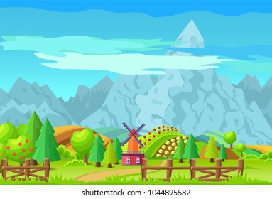 Scene of mountains and greenery, windmill and mountains, path and bushes, sunflowers and trees, view of natural life isolated on vector illustration