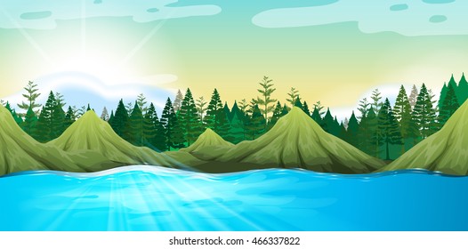 Scene with mountains and pine trees illustration