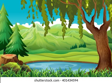 Scene with mountains and pond illustration