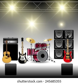 Scene with music equipment before concert. Vector illustration