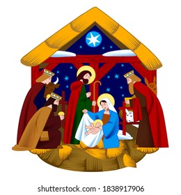 Scene of the Nativity of Christ and Adoration of the Magi isolated on white background. Vector illustration in flat style