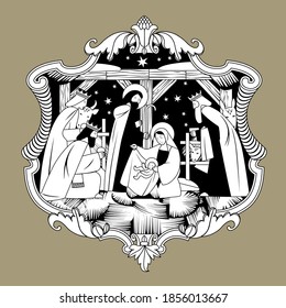 Scene of the Nativity of Christ and Adoration of the Magi in baroque decorative frame. Vintage engraving stylized drawing in black and white colors.  Vector 
illustration
