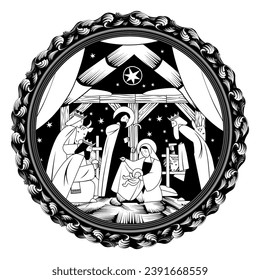 Scene of the Nativity of Christ and Adoration of the Magi in round decorative frame in black and white engraving style. Vector illustration