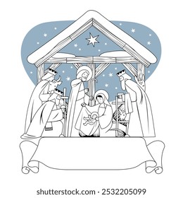 Scene of the Nativity of Christ and Adoration of the Magi and ribbon banner in black and white linear style. Vector illustration