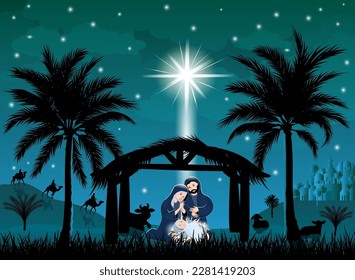 Scene of the Nativity of Jesus Christ. Christmas. The Virgin Mary and Joseph bent over the manger with the baby. Christmas night. The Christmas star shines in the sky. Bethlehem. Three kings on camels