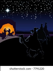 Scene of the nativity. The three wise men and the child Jesus. It can be used both to celebrate Christmas as to tell the life of Jesus. It is divided into layers perfectly editable
