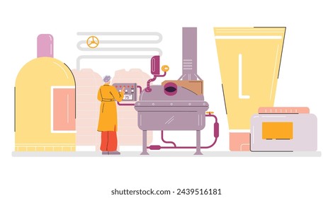 Scene at a natural cosmetics factory. Vector image of a character launching equipment for the production of organic skin care products, surrounded by huge containers of cosmetics.