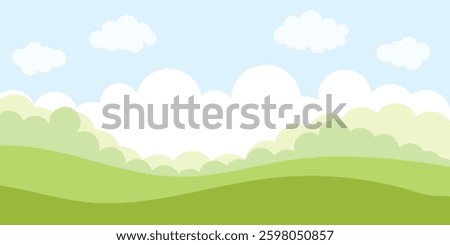Scene nature, field in the distance plants, cloudy sky. Vector illustration.