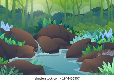 Scene nature of green forest and small streams flow through the rocks, landscape beautiful natural vector illustration