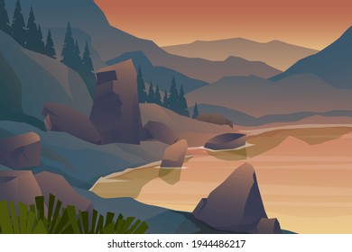 scene nature landscape of lake and forest trees, background mountain  with warm tone, vector illustration