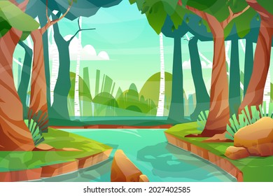 Scene nature with small canal between wood in natural forest, vector illustration