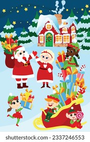 The scene near the house of Santa Claus. Under the evening sky stands Santa and Mrs. Santa, there are huge sleighs with presents and cute little elves. Vertical holiday illustration in cartoon style.