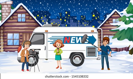 Scene with news reporter and crew on the snowy night illustration