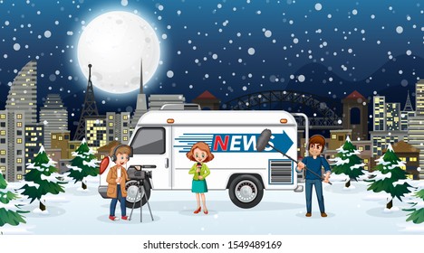 Scene with news reporters in the city illustration