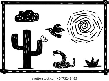 Scene from the northeastern backlands. Desert nature elements, snake, tree, cactus and scorching sun. woodcut style