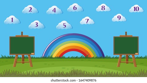 Escena con el número uno a diez en la ilustración nubes y dos placas en blanco