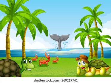 Scene of the ocean with many sea animals