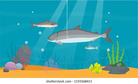 The scene of an ocean with some fish and reefs