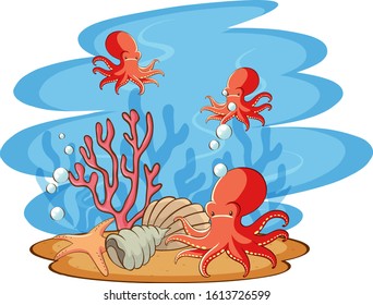 Scene with octopus swimming in the sea illustration