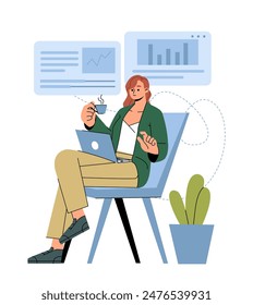 Scene at office. Busy woman entrepreneur performing business tasks on laptop and drinking coffee. Manager or company employee at work. Flat vector illustration isolated on white background