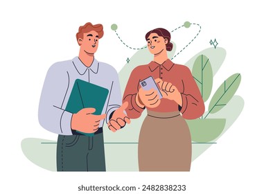 Escena en la oficina. Empresarios o empleados hombres y mujeres felices se comunican entre sí. Colaboración y trabajo en equipo. Actividad empresarial. Ilustración vectorial plana aislada sobre fondo blanco