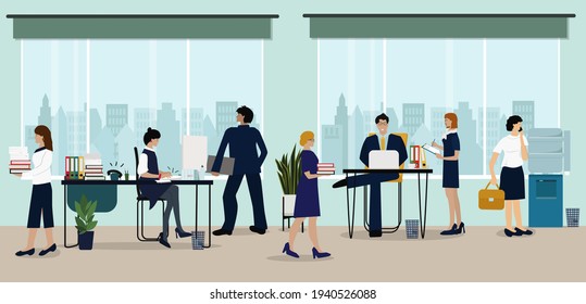 A scene from office life. Office workers working at desks, communicating with each other and on the phone. Cartoon vector illustration.