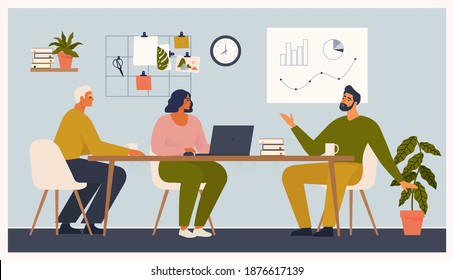 Scene At Office. Men And Woman Sit Taking Part In Business Meeting, Negotiation, Brainstorming, Talking To Each Other. Colorful Vector Illustration In Flat Cartoon Style. 