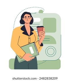 Scene at office. Portrait of happy female entrepreneur or company employee with documents and cup of coffee. Break in workplace. Business activity. Flat vector illustration isolated on background